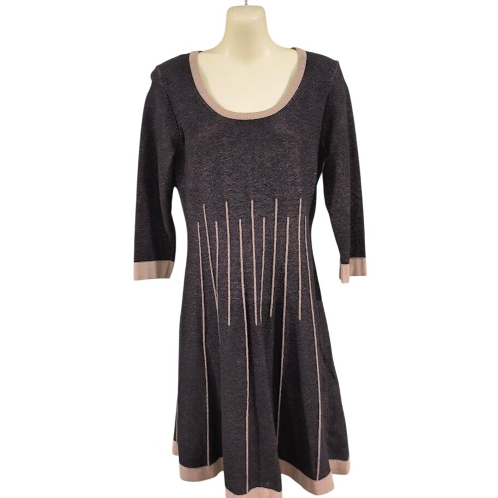 Nine West Women's Dark Grey Knit Fit & Flare Dress‎ with Beige Trim Size S